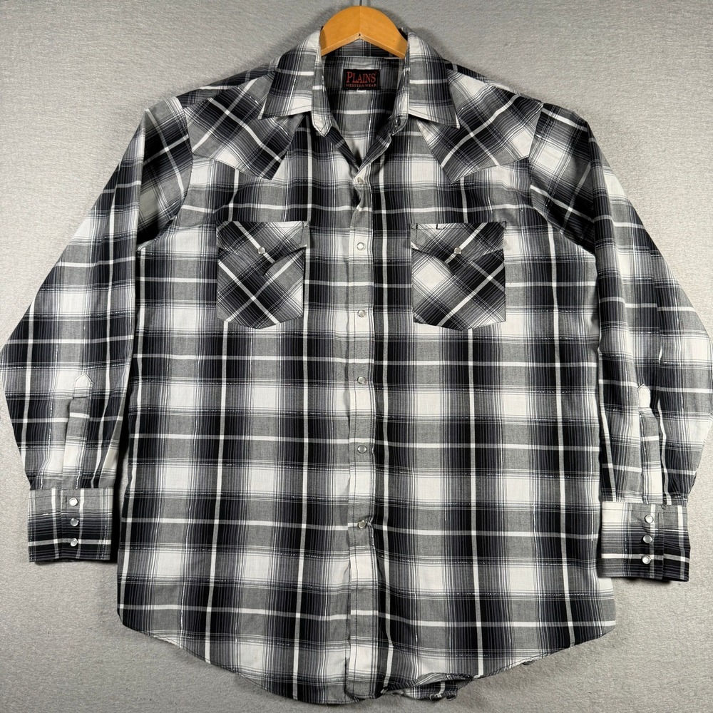 Plains Western Wear Mens Black White Plaid Pearl Snap Shirt Metallic Silver XL